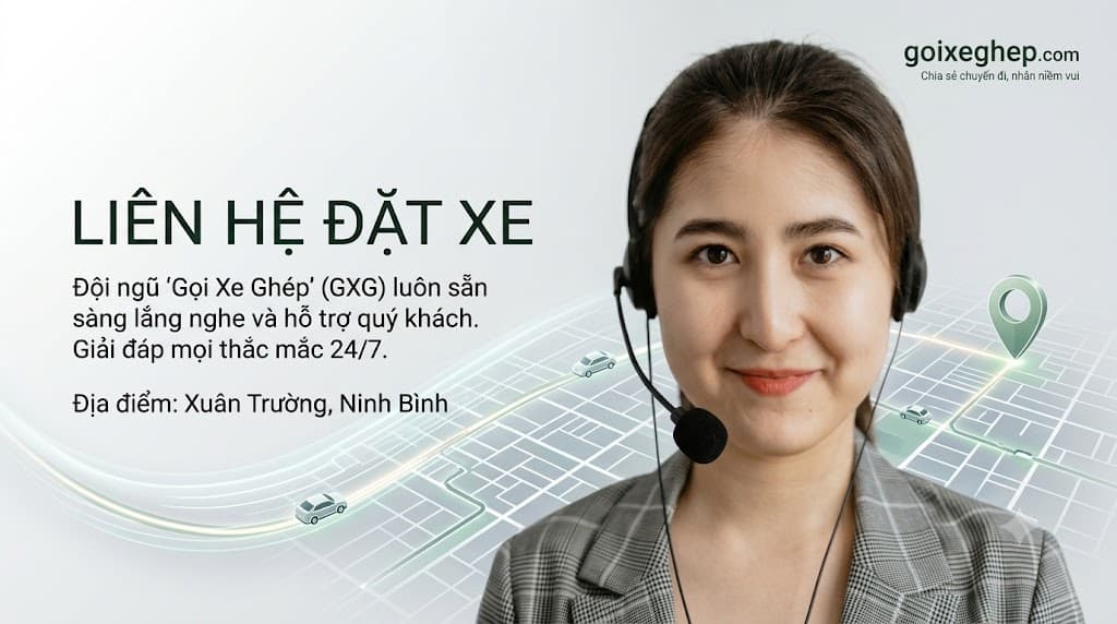 Liên hệ đặt xe — đội ngũ Xe Ghép (GXG) luôn sẵn sàng lắng nghe và hỗ trợ, giải đáp thắc mắc 24/7. Địa điểm: Xuân Trường, Ninh Bình.